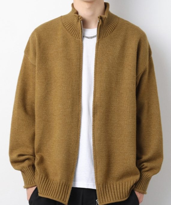 Simple Yellow Zip Up Solid Knit Mens Cardigans Spring