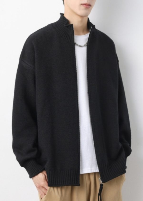 Simple Yellow Zip Up Solid Knit Mens Cardigans Spring - Image 2