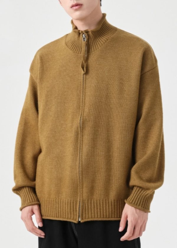 Simple Yellow Zip Up Solid Knit Mens Cardigans Spring - Image 3