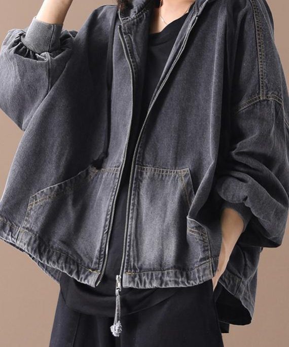 Simple black Fine tunics for women Neckline hooded zippered women coats