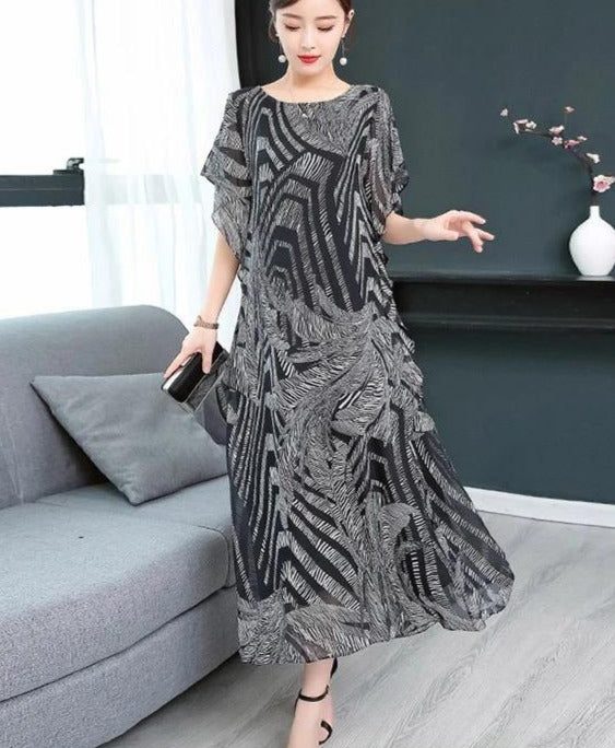 Simple o neck chiffon Wardrobes Women Sewing black print Kaftan Dress