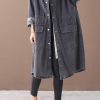 Simple stand collar drawstring Fashion tunic coat denim black Midi women coats