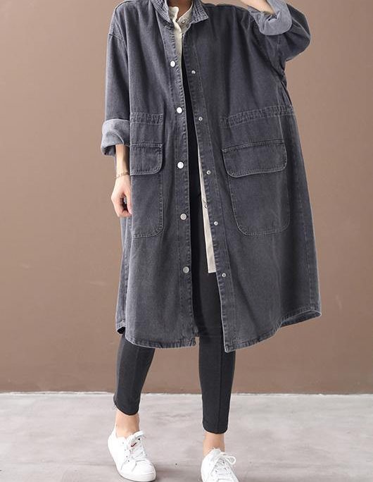 Simple stand collar drawstring Fashion tunic coat denim black Midi women coats