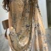 Simple v neck prints linen clothes side open loose Dress