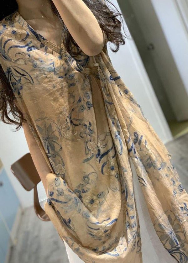 Simple v neck prints linen clothes side open loose Dress - Image 2