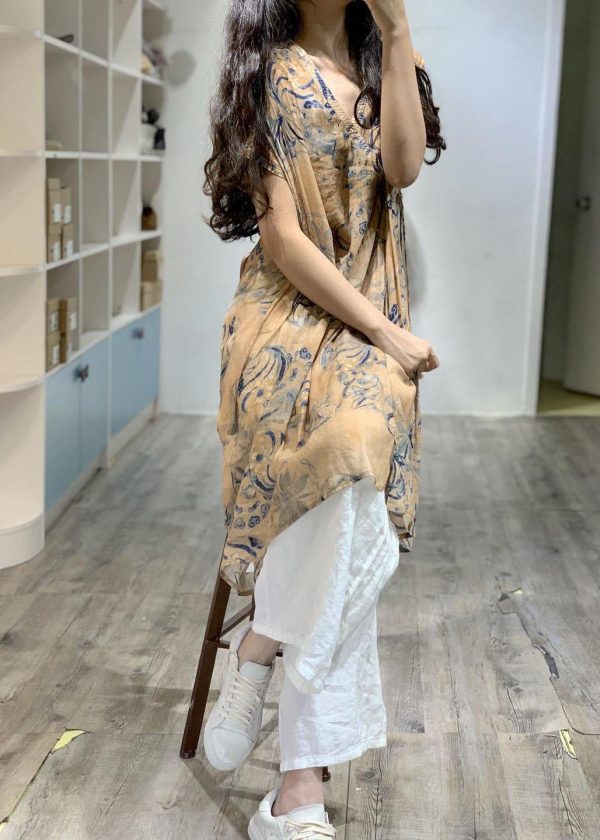 Simple v neck prints linen clothes side open loose Dress - Image 3