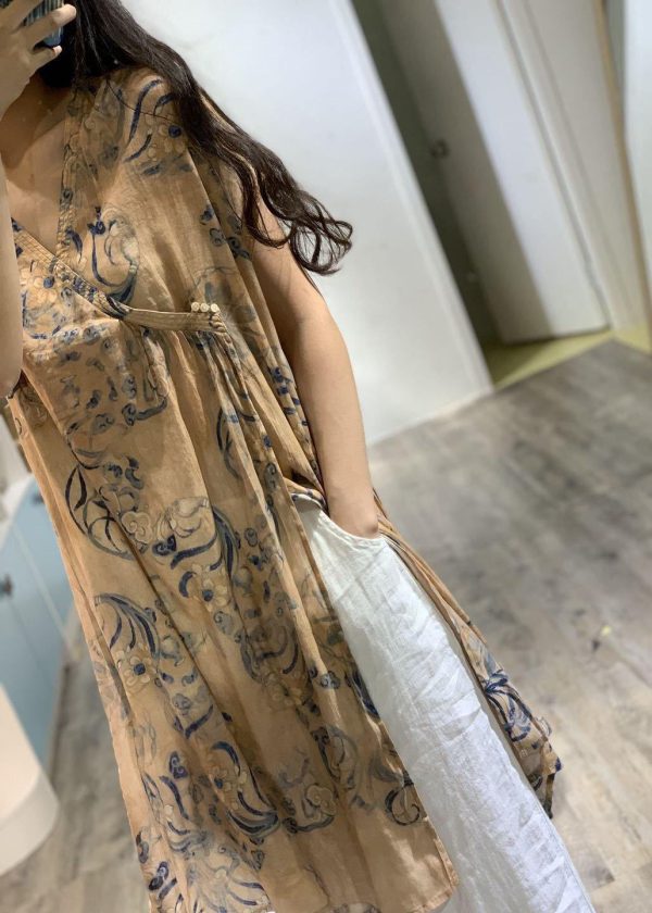 Simple v neck prints linen clothes side open loose Dress - Image 4