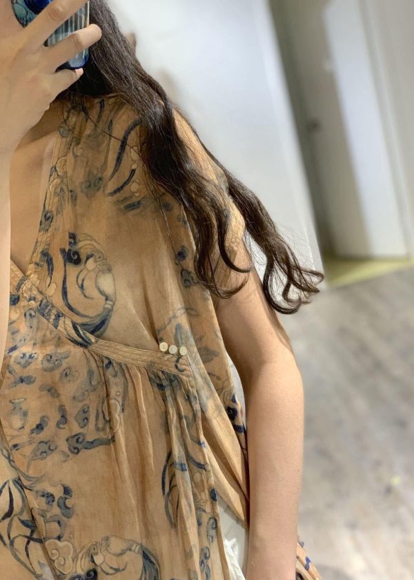 Simple v neck prints linen clothes side open loose Dress - Image 5