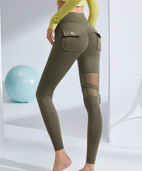Slim Fit Army Green High Waist Patchwork Cotton Leggings Yoga Pants