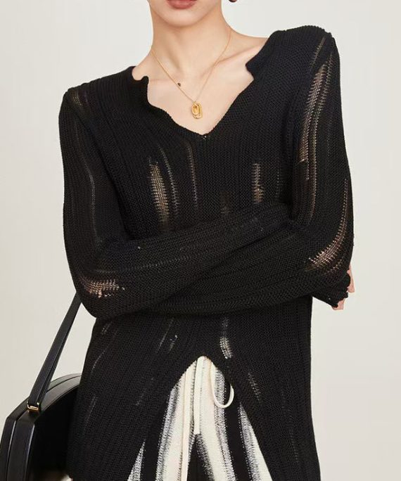 Slim Fit Black Hollow Out Front Open Knit Sweaters Spring