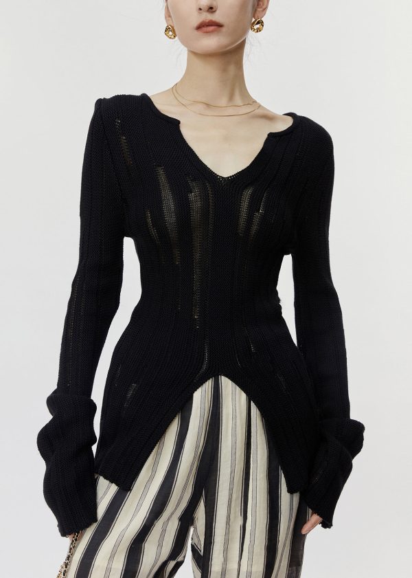 Slim Fit Black Hollow Out Front Open Knit Sweaters Spring - Image 4