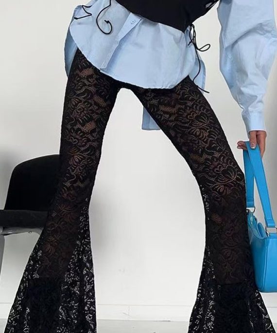 Slim Fit Black Hollow Out High Waist Lace Flare Bottoms Summer