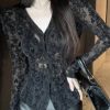 Slim Fit Black V Neck Button Flocking Tulle Top Spring