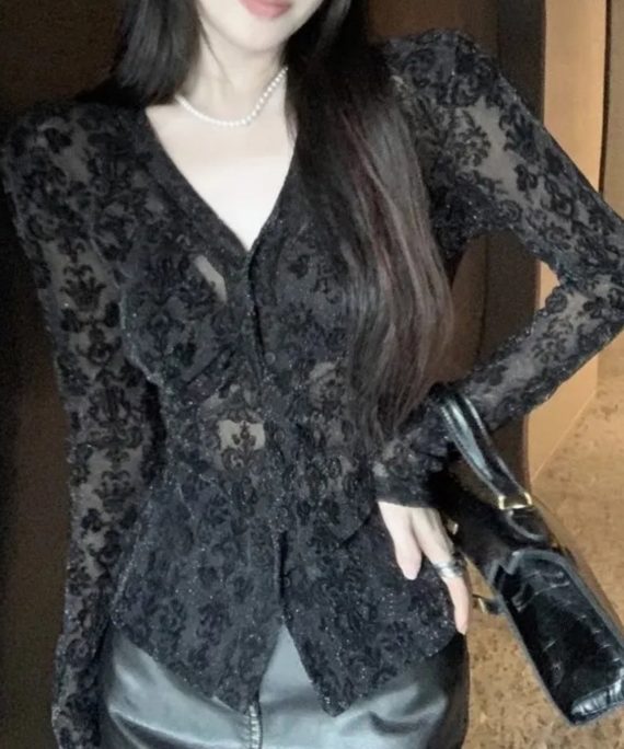 Slim Fit Black V Neck Button Flocking Tulle Top Spring