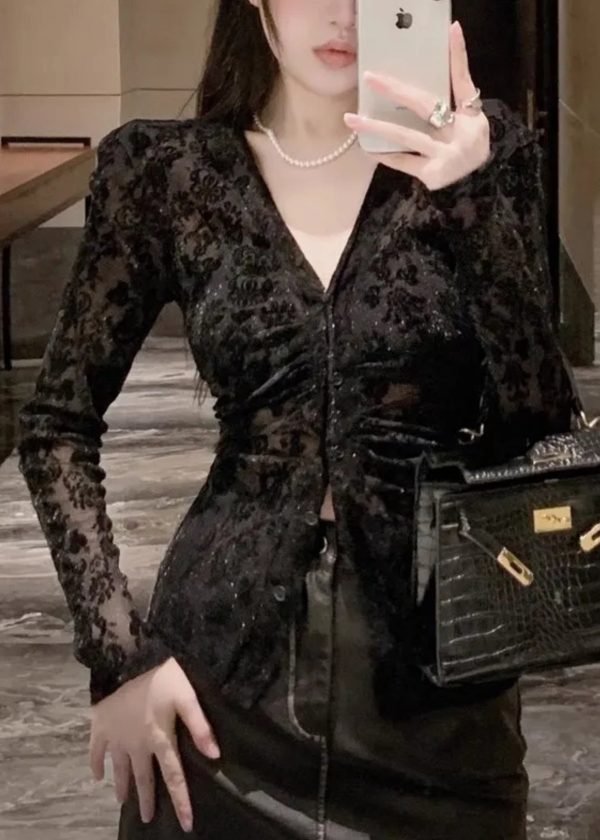 Slim Fit Black V Neck Button Flocking Tulle Top Spring - Image 3