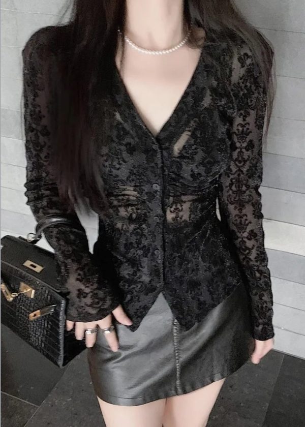Slim Fit Black V Neck Button Flocking Tulle Top Spring - Image 4