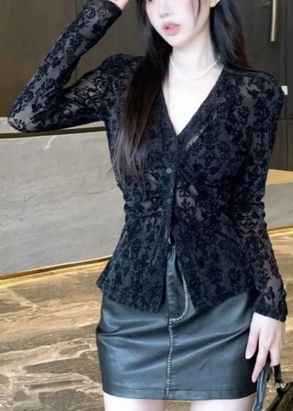 Slim Fit Black V Neck Button Flocking Tulle Top Spring - Image 5