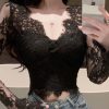 Slim Fit Black V Neck Lace Top Spring