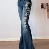 Slim Fit Blue Embroidered High Waist Denim Flared Trousers Summer