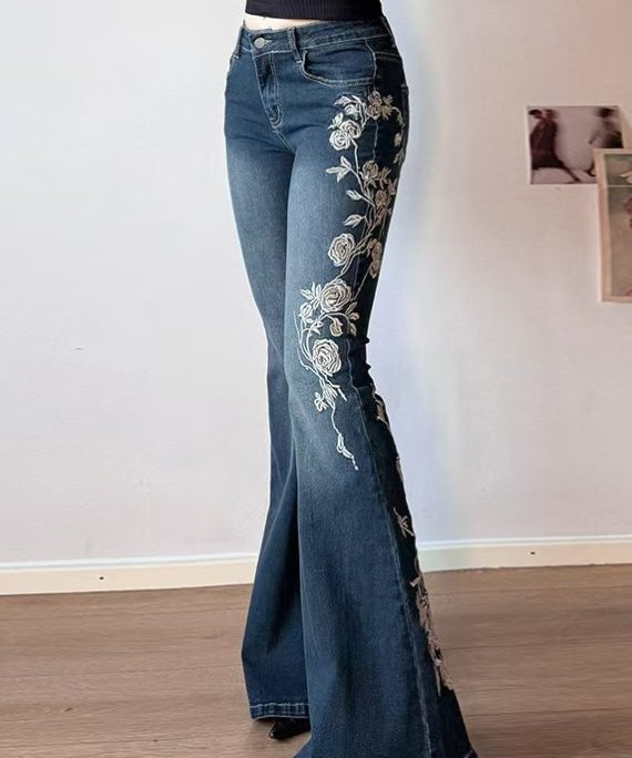 Slim Fit Blue Embroidered High Waist Denim Flared Trousers Summer
