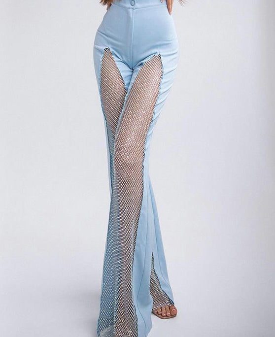 Slim Fit Blue Hollow Out Patchwork Spandex Pants Summer