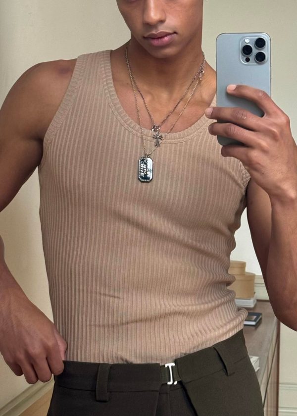 Slim Fit Blue Striped Solid Knitting Cotton Men Tank Sleeveless - Image 2
