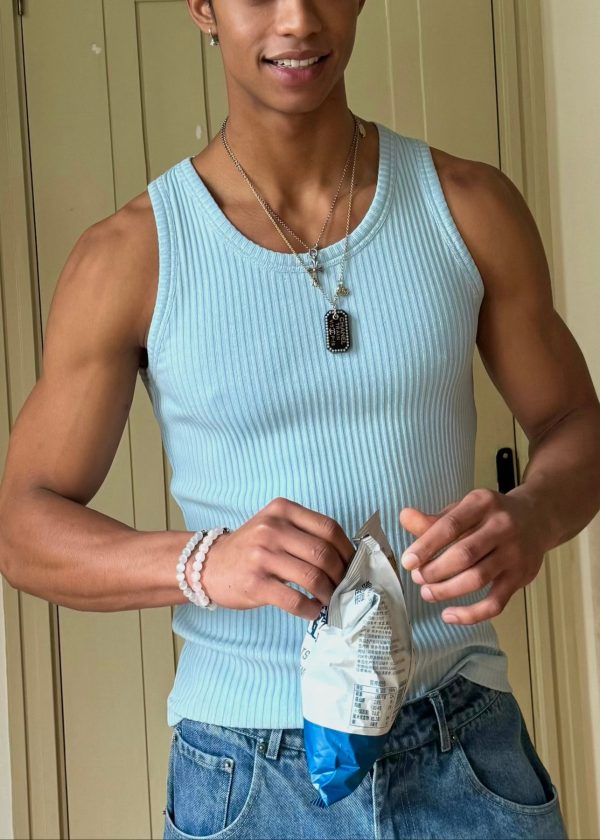 Slim Fit Blue Striped Solid Knitting Cotton Men Tank Sleeveless - Image 3