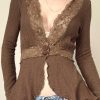 Slim Fit Brown Lace Patchwork Knit Tops Spring