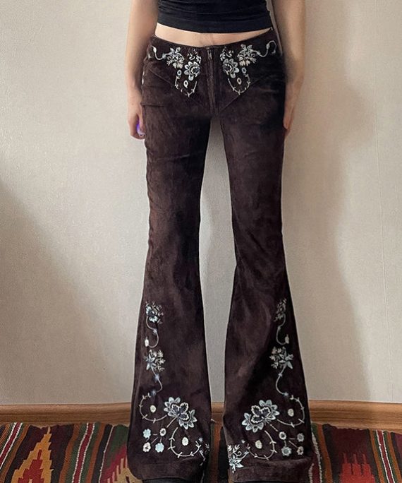 Slim Fit Chocolate Embroidered Floral Denim Flared Trousers