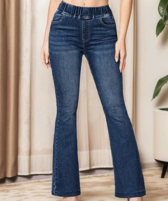 Slim Fit Denim Blue Pockets Elastic Waist Flare Bottoms Summer