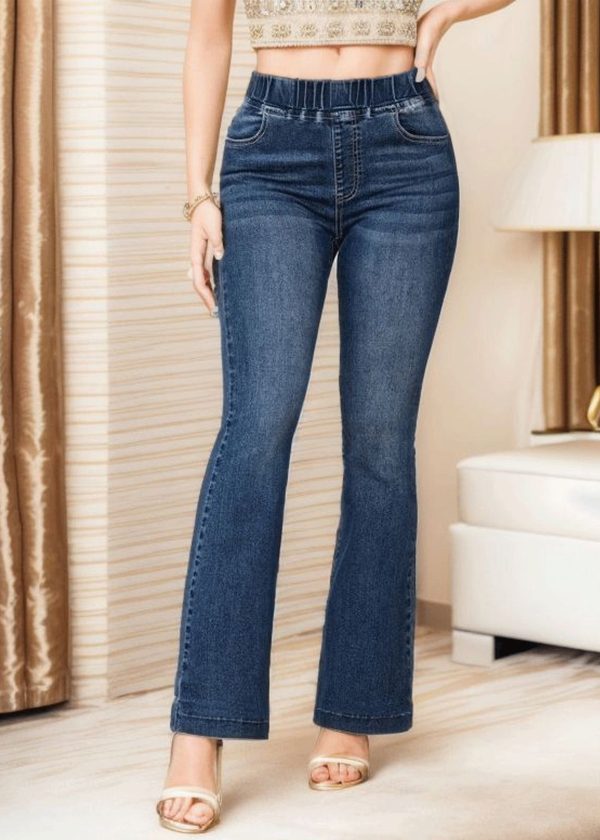 Slim Fit Denim Blue Pockets Elastic Waist Flare Bottoms Summer - Image 2