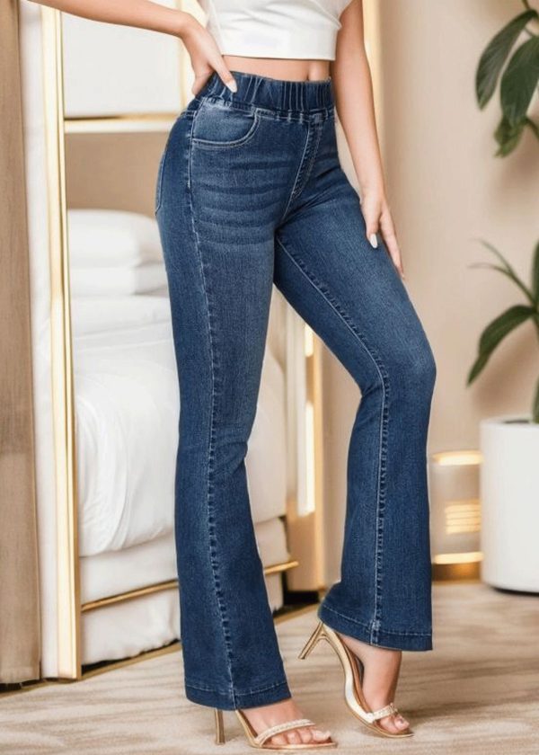 Slim Fit Denim Blue Pockets Elastic Waist Flare Bottoms Summer - Image 3