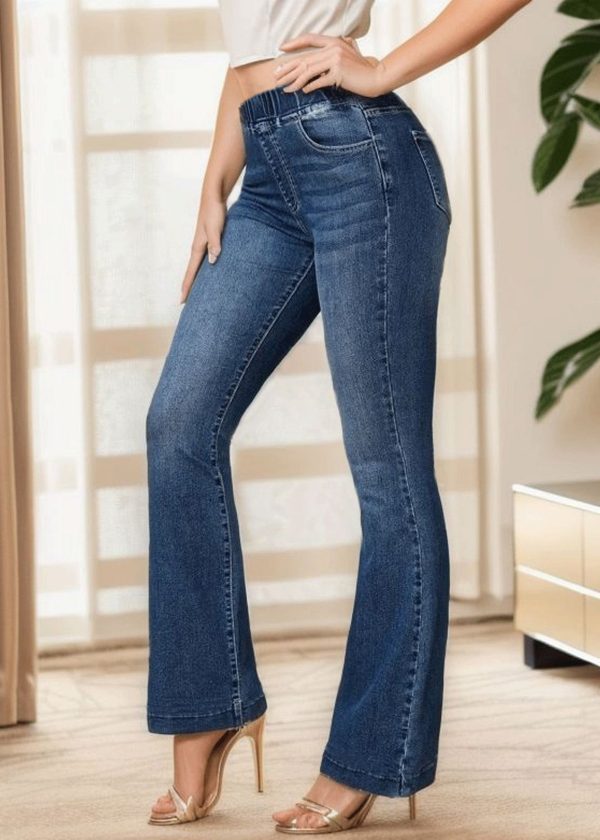 Slim Fit Denim Blue Pockets Elastic Waist Flare Bottoms Summer - Image 4