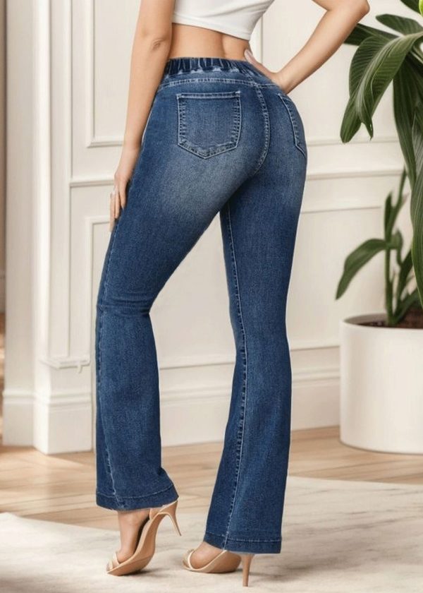 Slim Fit Denim Blue Pockets Elastic Waist Flare Bottoms Summer - Image 5