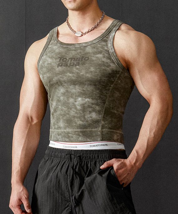 Slim Fit Green O Neck Letter Cotton Men Tank Sleeveless