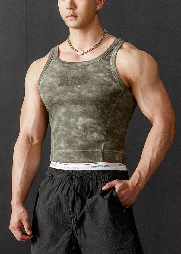Slim Fit Green O Neck Letter Cotton Men Tank Sleeveless