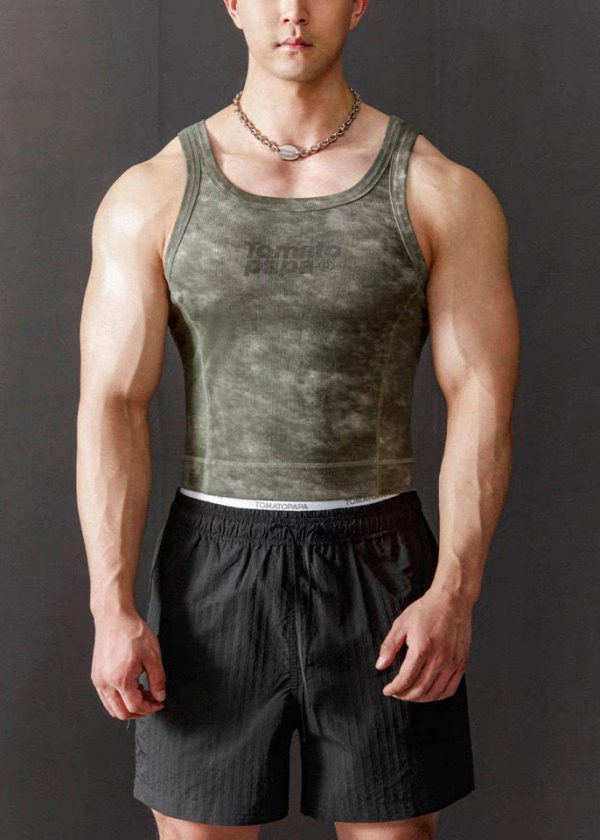 Slim Fit Green O Neck Letter Cotton Men Tank Sleeveless - Image 2