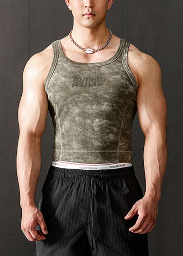 Slim Fit Green O Neck Letter Cotton Men Tank Sleeveless - Image 3