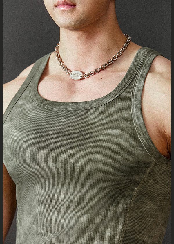 Slim Fit Green O Neck Letter Cotton Men Tank Sleeveless - Image 4