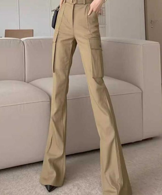 Slim Fit Khaki Pockets High Waist Cotton Flare Bottoms Spring