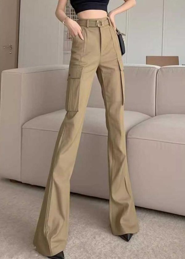 Slim Fit Khaki Pockets High Waist Cotton Flare Bottoms Spring - Image 2