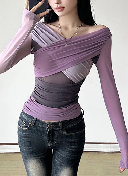 Slim Fit Purple Asymmetrical Patchwork Tulle T Shirts Spring