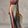 Slim Fit Striped Cold Shoulder Wrinkled Long Dress Sleeveless