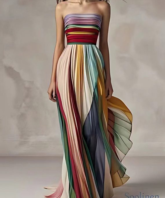 Slim Fit Striped Cold Shoulder Wrinkled Long Dress Sleeveless