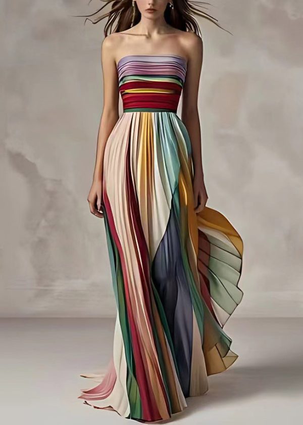 Slim Fit Striped Cold Shoulder Wrinkled Long Dress Sleeveless - Image 6