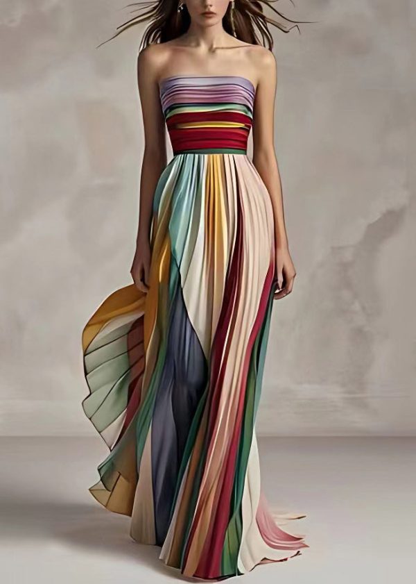 Slim Fit Striped Cold Shoulder Wrinkled Long Dress Sleeveless - Image 8