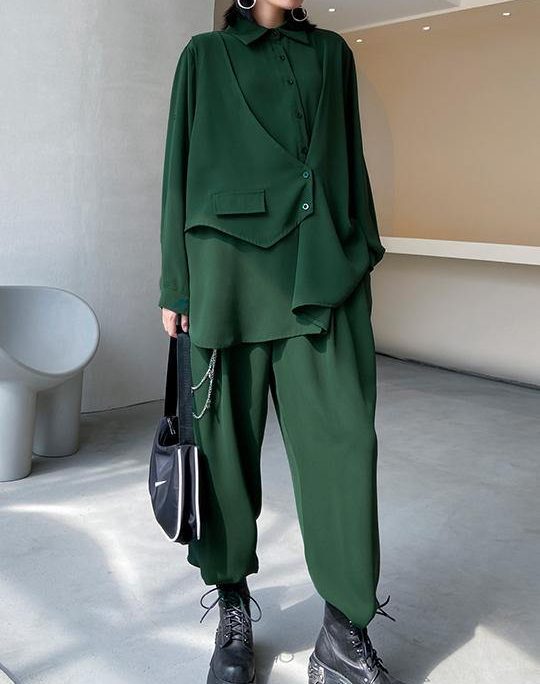 Slim suit female plus size fashion casual green shirt pants two-piece suit