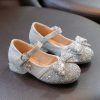 Soft Silvery Bow Zircon Faux Leather Buckle Strap Kids Crystal Flat Shoes
