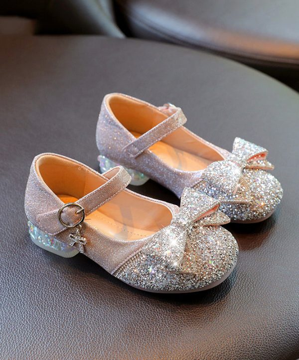 Soft Silvery Bow Zircon Faux Leather Buckle Strap Kids Crystal Flat Shoes - Image 2