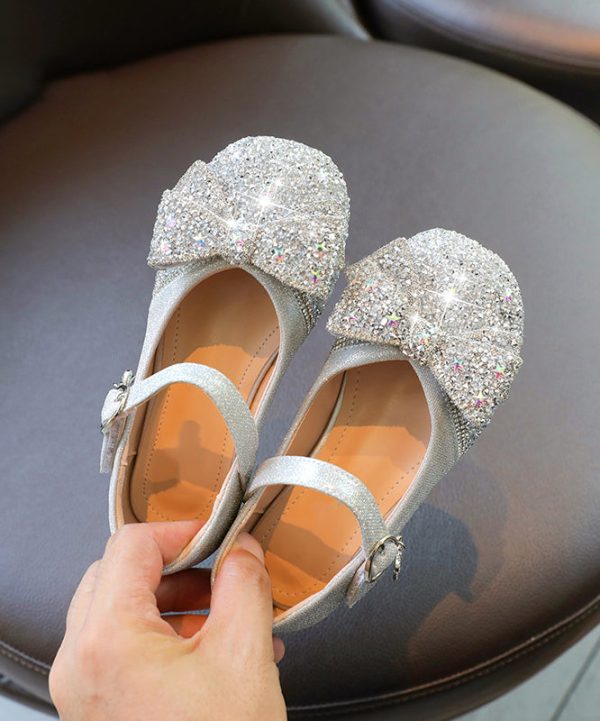 Soft Silvery Bow Zircon Faux Leather Buckle Strap Kids Crystal Flat Shoes - Image 3